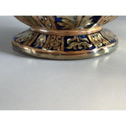 VASO CENTROTAVOLA Robbia MAIOLICA LUSTRO METALLICO DECORO VEGETALE ANSE a DRAGO