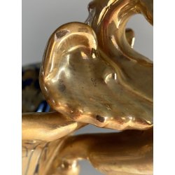 VASO CENTROTAVOLA Robbia MAIOLICA LUSTRO METALLICO DECORO VEGETALE ANSE a DRAGO