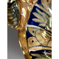 VASO CENTROTAVOLA Robbia MAIOLICA LUSTRO METALLICO DECORO VEGETALE ANSE a DRAGO