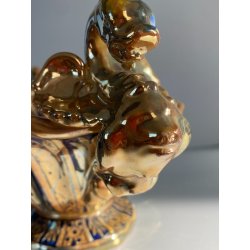 VASO CENTROTAVOLA Robbia MAIOLICA LUSTRO METALLICO DECORO VEGETALE ANSE a DRAGO