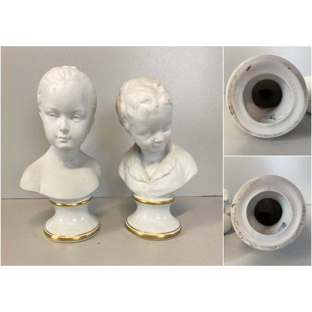 COPPIA SCULTURA BUSTO FANCIULLI CERAMICA Capodimonte Biscuit BIANCO 20 cm/h