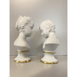 COPPIA SCULTURA BUSTO FANCIULLI CERAMICA Capodimonte Biscuit BIANCO 20 cm/h