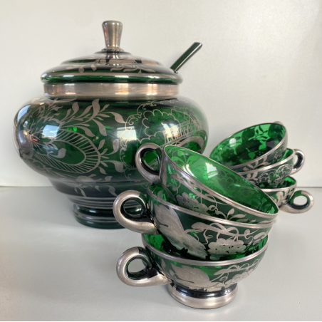 VINTAGE PUNCH SET BOWL + 6 CUP VETRO VERDE VENEZIANO DECORO FOGLIA ARGENTO '30