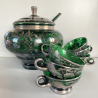 VINTAGE PUNCH SET BOWL + 6 CUP VETRO VERDE VENEZIANO DECORO FOGLIA ARGENTO '30