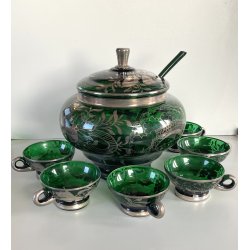 VINTAGE PUNCH SET BOWL + 6 CUP VETRO VERDE VENEZIANO DECORO FOGLIA ARGENTO '30