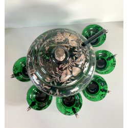 VINTAGE PUNCH SET BOWL + 6 CUP VETRO VERDE VENEZIANO DECORO FOGLIA ARGENTO '30