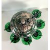 VINTAGE PUNCH SET BOWL + 6 CUP VETRO VERDE VENEZIANO DECORO FOGLIA ARGENTO '30