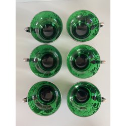 VINTAGE PUNCH SET BOWL + 6 CUP VETRO VERDE VENEZIANO DECORO FOGLIA ARGENTO '30