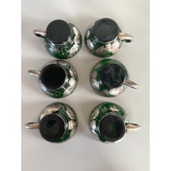 VINTAGE PUNCH SET BOWL + 6 CUP VETRO VERDE VENEZIANO DECORO FOGLIA ARGENTO '30