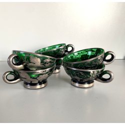 VINTAGE PUNCH SET BOWL + 6 CUP VETRO VERDE VENEZIANO DECORO FOGLIA ARGENTO '30