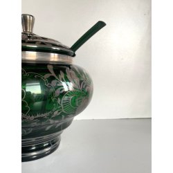 VINTAGE PUNCH SET BOWL + 6 CUP VETRO VERDE VENEZIANO DECORO FOGLIA ARGENTO '30