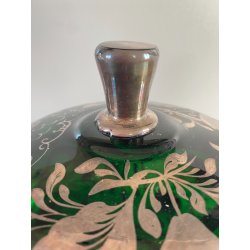 VINTAGE PUNCH SET BOWL + 6 CUP VETRO VERDE VENEZIANO DECORO FOGLIA ARGENTO '30