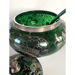 VINTAGE PUNCH SET BOWL + 6 CUP VETRO VERDE VENEZIANO DECORO FOGLIA ARGENTO '30