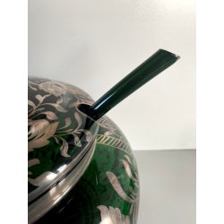 VINTAGE PUNCH SET BOWL + 6 CUP VETRO VERDE VENEZIANO DECORO FOGLIA ARGENTO '30