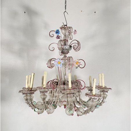 ENORME LAMPADARIO CA' REZZONICO VETRO MURANO 1800 FOGLIE 12 LUCI VENEZIA FERRO
