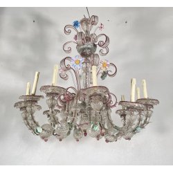 ENORME LAMPADARIO CA' REZZONICO VETRO MURANO 1800 FOGLIE 12 LUCI VENEZIA FERRO