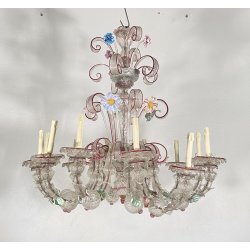 ENORME LAMPADARIO CA' REZZONICO VETRO MURANO 1800 FOGLIE 12 LUCI VENEZIA FERRO