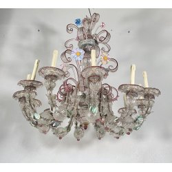ENORME LAMPADARIO CA' REZZONICO VETRO MURANO 1800 FOGLIE 12 LUCI VENEZIA FERRO