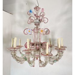 ENORME LAMPADARIO CA' REZZONICO VETRO MURANO 1800 FOGLIE 12 LUCI VENEZIA FERRO