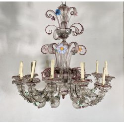 ENORME LAMPADARIO CA' REZZONICO VETRO MURANO 1800 FOGLIE 12 LUCI VENEZIA FERRO