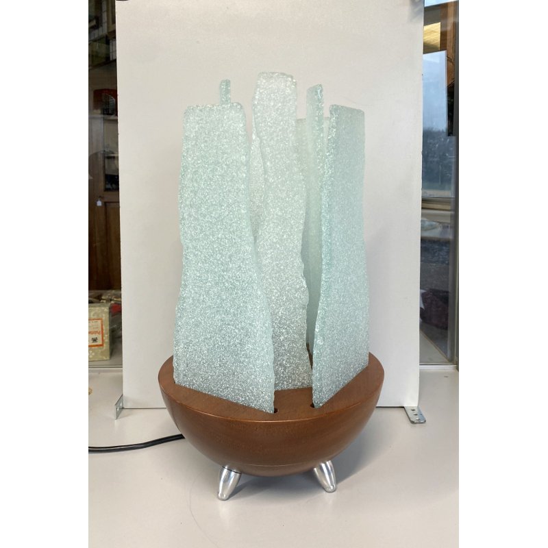 LAMPADA da TAVOLO "Forme metalliche"  BASE LEGNO DIFFUSORI VETRO GHIACCIATO '90s