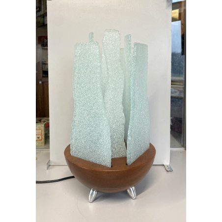 LAMPADA da TAVOLO "Forme metalliche"  BASE LEGNO DIFFUSORI VETRO GHIACCIATO '90s