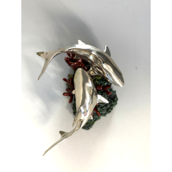 PICCOLA SCULTURA SQUALI PUNZONE ARGENTO 800 BASE POLICROMA BARRIERA CORALLINA
