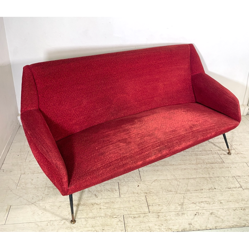 ANTICO DIVANO VINTAGE TESSUTO ROSSO ANNI 50 GAMBE OTTONE SOFA ITALIA DESIGN