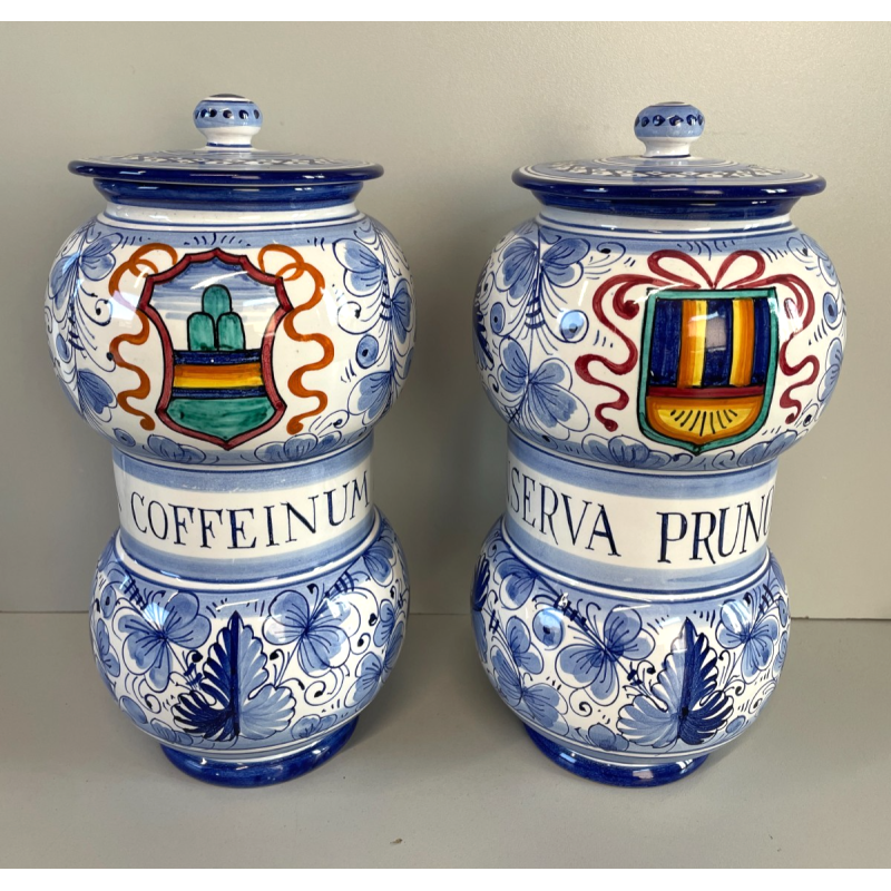 COPPIA VASI DERUTA MAIOLICA CERAMICA ALBARELLO DECORO DIPINTO BLU VASE COFFEINUM