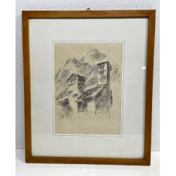 QUADRO DISEGNO SCHIZZO Alessandro Giozza SCORCIO BAITA MONTAGNE DOMODOSSOLA '900