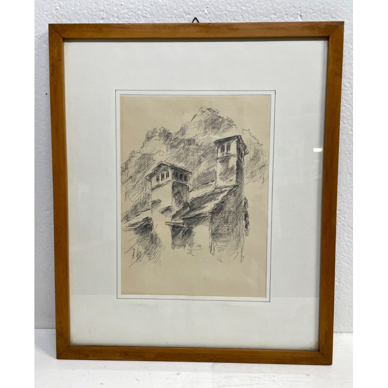 QUADRO DISEGNO SCHIZZO Alessandro Giozza SCORCIO BAITA MONTAGNE DOMODOSSOLA '900
