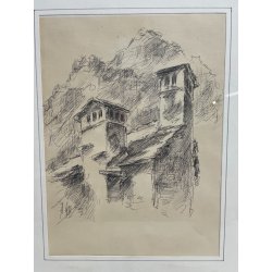 QUADRO DISEGNO SCHIZZO Alessandro Giozza SCORCIO BAITA MONTAGNE DOMODOSSOLA '900