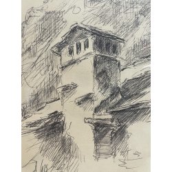 QUADRO DISEGNO SCHIZZO Alessandro Giozza SCORCIO BAITA MONTAGNE DOMODOSSOLA '900