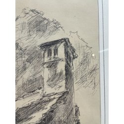 QUADRO DISEGNO SCHIZZO Alessandro Giozza SCORCIO BAITA MONTAGNE DOMODOSSOLA '900