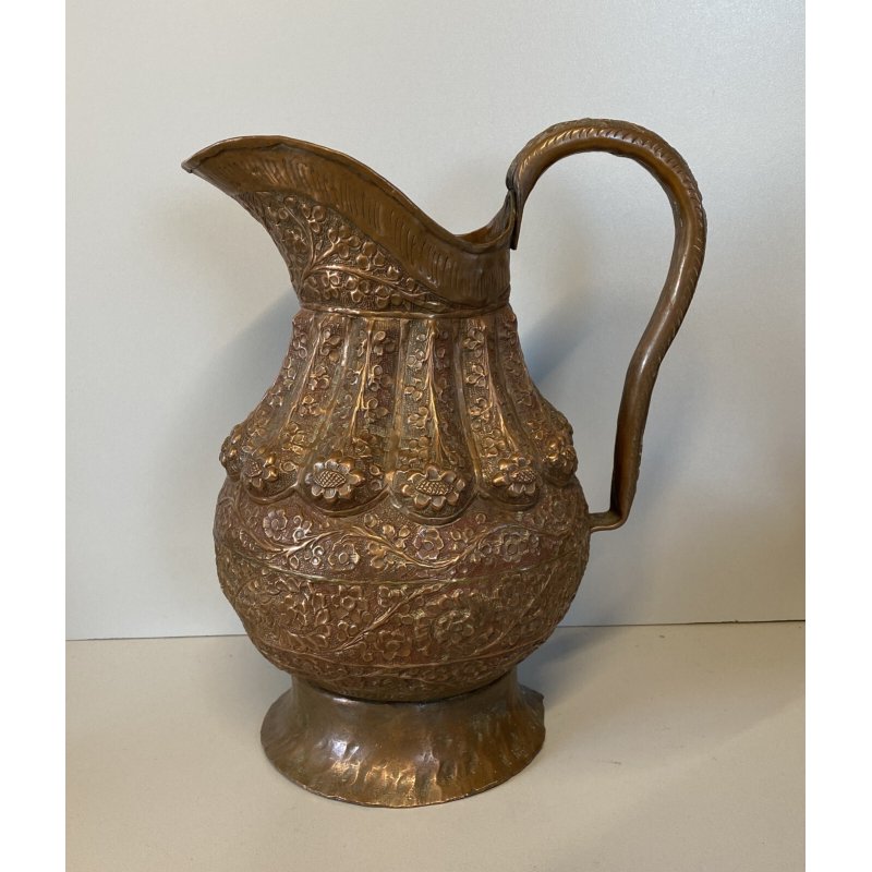 ANTICA BROCCA CARAFFA RAME SBALZATA A MANO DECORAZIONE BULINO 1800' water OLD