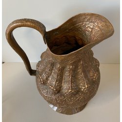 ANTICA BROCCA CARAFFA RAME SBALZATA A MANO DECORAZIONE BULINO 1800' water OLD