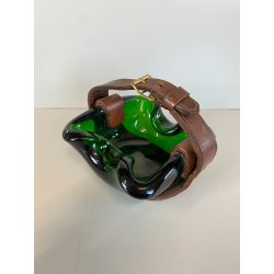 RARO SVUOTATASCHE BOWL CIGAR ASHTRAY VETRO Murano VERDE PRESA in CUOIO ANNI '50