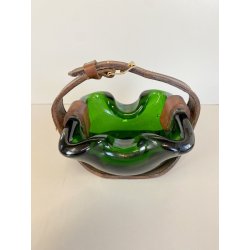RARO SVUOTATASCHE BOWL CIGAR ASHTRAY VETRO Murano VERDE PRESA in CUOIO ANNI '50