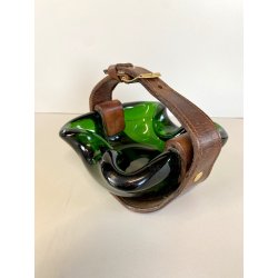 RARO SVUOTATASCHE BOWL CIGAR ASHTRAY VETRO Murano VERDE PRESA in CUOIO ANNI '50