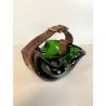 RARO SVUOTATASCHE BOWL CIGAR ASHTRAY VETRO Murano VERDE PRESA in CUOIO ANNI '50