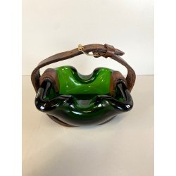 RARO SVUOTATASCHE BOWL CIGAR ASHTRAY VETRO Murano VERDE PRESA in CUOIO ANNI '50