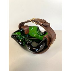 RARO SVUOTATASCHE BOWL CIGAR ASHTRAY VETRO Murano VERDE PRESA in CUOIO ANNI '50