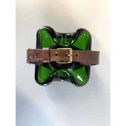 RARO SVUOTATASCHE BOWL CIGAR ASHTRAY VETRO Murano VERDE PRESA in CUOIO ANNI '50