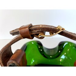 RARO SVUOTATASCHE BOWL CIGAR ASHTRAY VETRO Murano VERDE PRESA in CUOIO ANNI '50