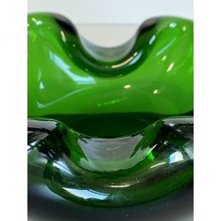 RARO SVUOTATASCHE BOWL CIGAR ASHTRAY VETRO Murano VERDE PRESA in CUOIO ANNI '50