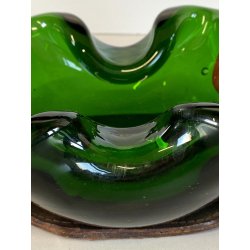 RARO SVUOTATASCHE BOWL CIGAR ASHTRAY VETRO Murano VERDE PRESA in CUOIO ANNI '50
