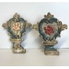 ANTICA COPPIA VASI D'ALTARE DECORO FLOREALE FREGI LEGNO EPOCA 1800
