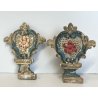 ANTICA COPPIA VASI D'ALTARE DECORO FLOREALE FREGI LEGNO EPOCA 1800