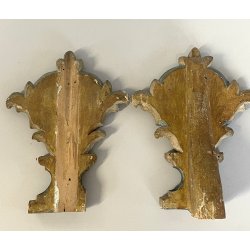 ANTICA COPPIA VASI D'ALTARE DECORO FLOREALE FREGI LEGNO EPOCA 1800