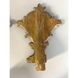 ANTICA COPPIA VASI D'ALTARE DECORO FLOREALE FREGI LEGNO EPOCA 1800